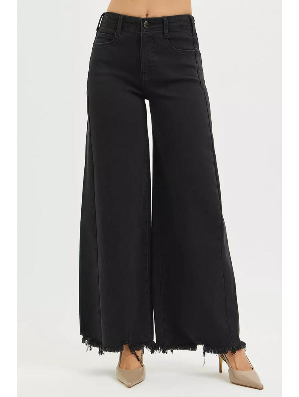 RISEN Tummy Control High Rise Palazzo Leg Frayed Hem Jeans